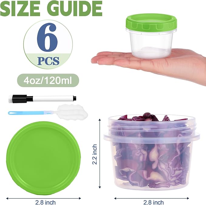 4 oz Small Plastic Containers with Lids, 6 Pack Stackable Small Freezer Containers, Reusable 1/2 Cup Food Containers for Snack Puree Fruit, with Pen and Brush, Microwave & Dishwasher Safe
