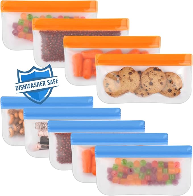 Lerine Reusable Snack Bags Dishwasher Safe,9 Pack Reusable Bags Extra Thick Leak-proof Food Storage Bags for Candy, Snack, Sandwich, Cereal, Travel Items, Home Organization (Multicolor, 9Snack)