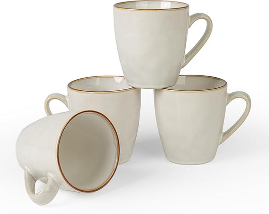 famiware Coffee Mugs Set of 4, Ocean Round 11.5oz Coffee Cup Set with Handle for Cocoa, Milk, Hot Chocolate, Tea or Water, Stoneware Cups for Kitchen, Microwave Dishwasher Safe, Cappuccino White