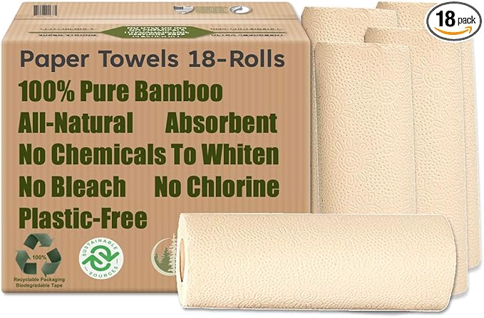 100% Bamboo Paper Towels, Tree-Free, Chemical-Free, Lint-Free, Durable, Absorbent, Select-a-Size 2-Ply, 90 Sheets Per Roll. (PT 18 Rolls)