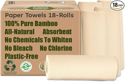 100% Bamboo Paper Towels, Tree-Free, Chemical-Free, Lint-Free, Durable, Absorbent, Select-a-Size 2-Ply, 90 Sheets Per Roll. (PT 18 Rolls)