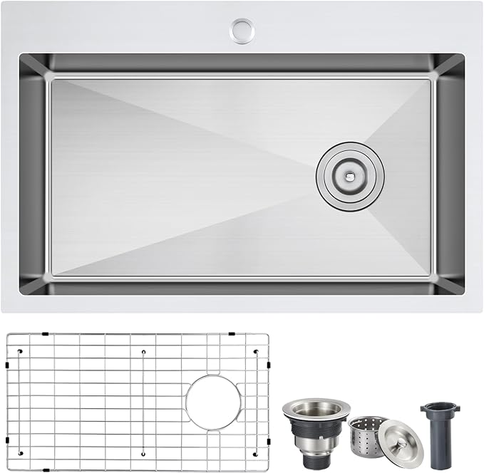 ROVOGO 24x18x9 in. Drop-in Kitchen Sink Single Bowl with Offset Drain Assembly and Bottom Grid, 304 Stainless Steel Handmade Modern Sink 1 Faucet Hole, Top Mount, Brushed