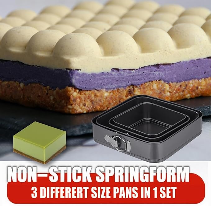 Square Springform Cake Pan 9.5inch,10inch,11inch, Set of 3 non stick leakproof cake baking pans with removable bottom