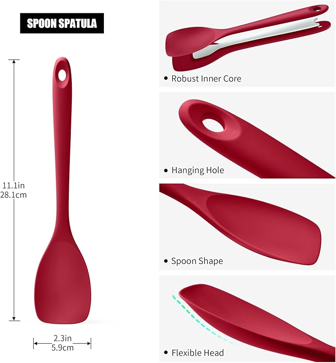 Doosu Silicone Spoon Spatula, 600ºF Heat-Resistant Food Grade Rubber Spoonula with Seamless Design, Non-Stick Flexible Scraper Kitchen Cooking Spoon Baking Tool for Mixing, Scraping (Red)