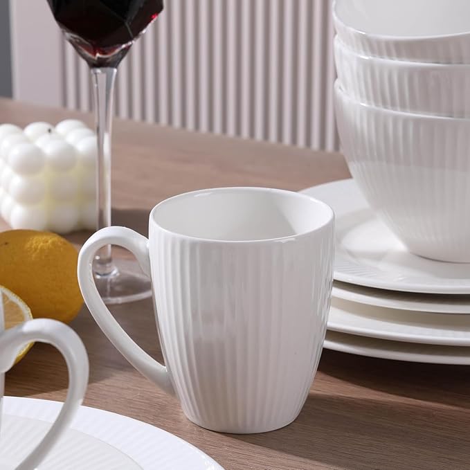 16 Pcs White Dinnerware Sets for 4, Ceramic Plates and Bowls Sets with Mugs, Dishwasher and Microwave Safe - Embossed Stripe Decro, Elegant Kitchen Dish Sets, QOMO-1996