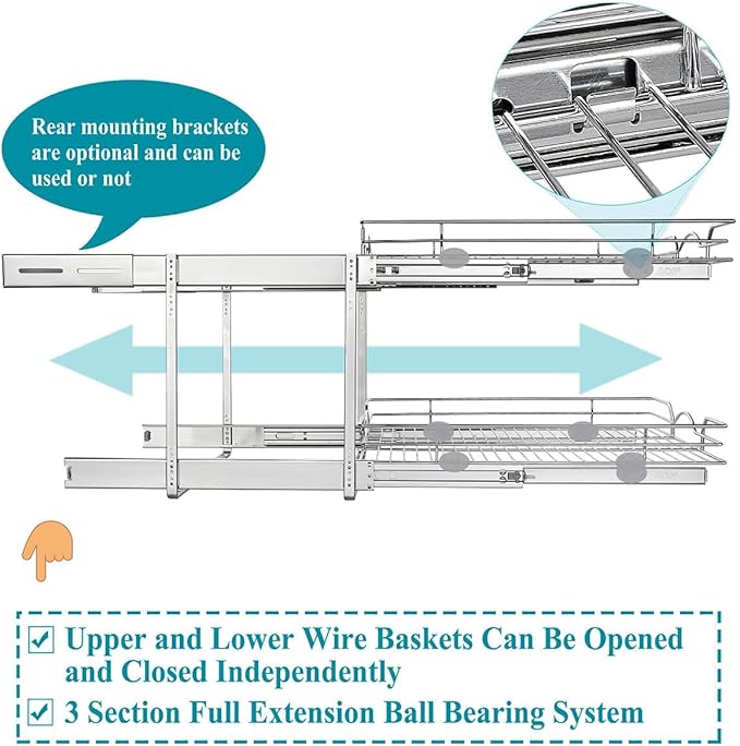 OCG 2 Tier Pull Out Cabinet Organizer (21.5" W x 18" D), Pull Out Shelves for Kitchen Cabinets, Slide Out Pantry Shelves for Base Cabinet Organization in Kitchen Bathroom Pantry, Chrome Finish