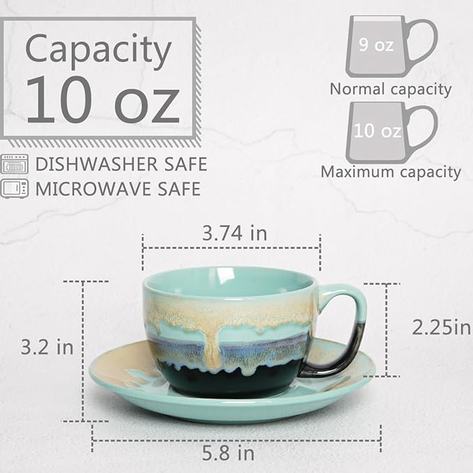 Bosmarlin Ceramic Cappuccino Cup and Saucer Set of 2, 10 Oz, Dishwasher and Microwave Safe, Coffee Cups for Latte, Espresso, Tea, Reavtive Glaze (Pastel Blue, 10 oz)
