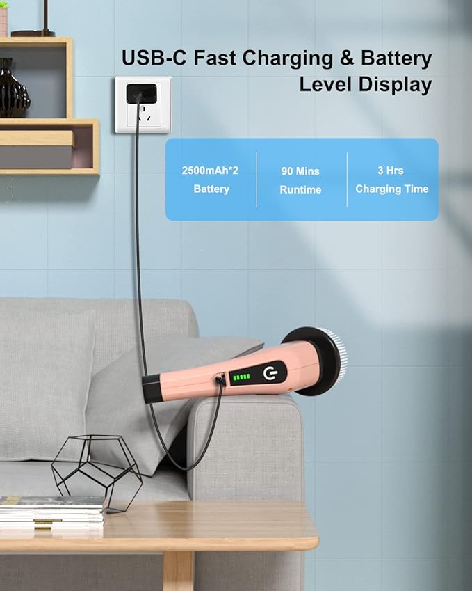 Leebein Electric Spin Scrubber, Cordless Powerful Scrub Brush for Cleaning Bathroom, Kitchen, Shower Tub and Floor Tile with Adjustable Extension Long Handle and 8 Replaceable Brush Heads(Rose)