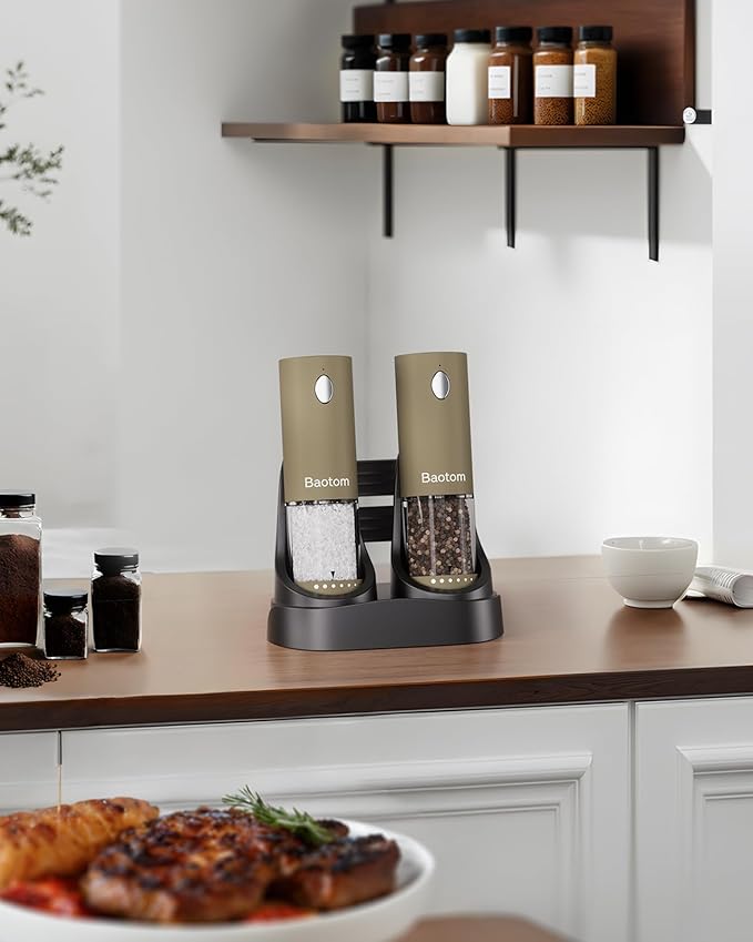 Electric Salt and Pepper Grinder Set with Dual Charging Base, 6 Adjustable Coarseness Levels & External Grind Settings, One-handed Operation Salt and Pepper Mills with LED Light,Brown