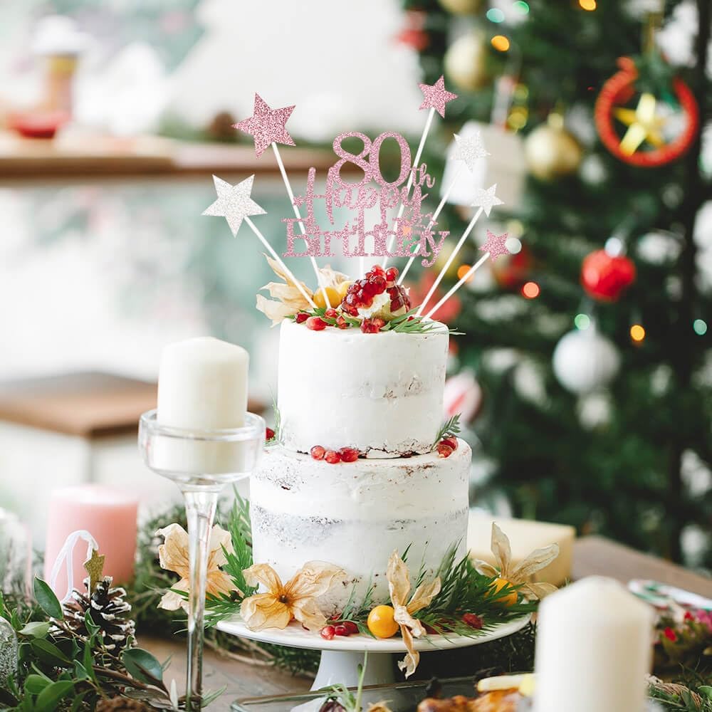 Glittery 80th Happy Birthday Cake Topper with Star,Personalised 80 Birthday Cake Toppers Party Decorations Party Supplies for Men Women Rose Gold