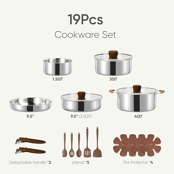 CAROTE 19pcs Stainless Steel Cookware Set with Detachable Handle, Pots and Pans Set, Induction Kitchen Cooking Sets, RV/Camping Cookware, Removable Handle, Oven Safe, Woodgrain