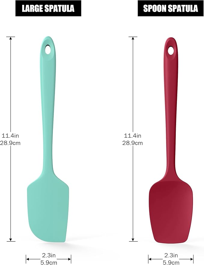 Doosu Silicone Scraper Spoon Spatulas, 600°F Heat Resistant BPA Free Rubber Flat Spatula, Kitchen Mixing Stirring Cooking Spoonula, Non-Stick Dishwasher Safe Baking Supplies (2 Pcs, Aqua+Red)