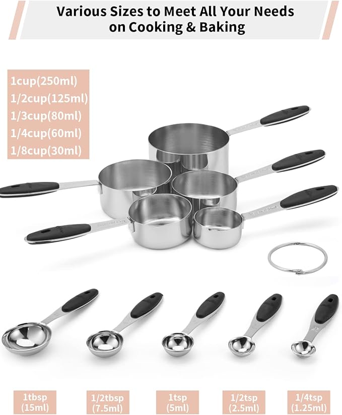 Joyhill Stainless Steel Measuring Cups and Spoons Set of 10 Piece, Nesting Metal Measuring Cups Set with Soft Touch Silicone Handles for Dry and Liquid Ingredients, Cooking & Baking (Black)