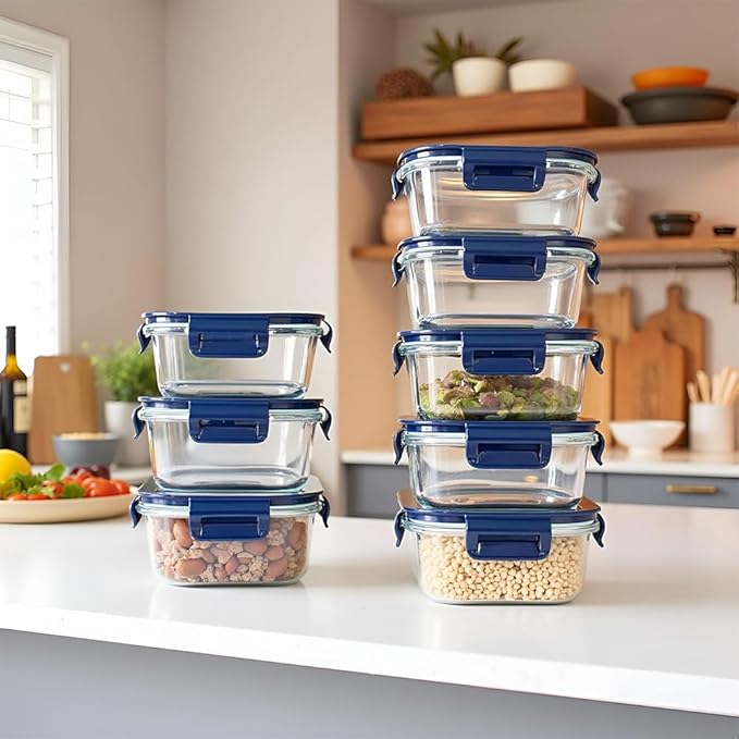 Small Square Glass Food Storage Containers With Lids，2 Cup Square Glass Containers, 16 oz Small Food Containers, Leak-proof lunch Bowls, Dishwasher Microwave Freezer Safe -(Dark Blue)