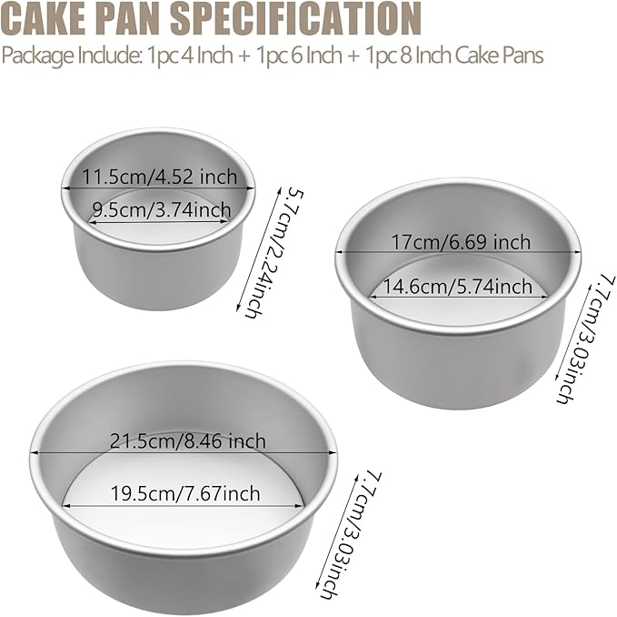 Aluminum Round Cake Pans, 3pcs Nonstick Baking Pan with Removable Bottom 4/6/8 Inches Cheese Cake Mold Straight Edge for Wedding Birthday Anniversary or Party Event