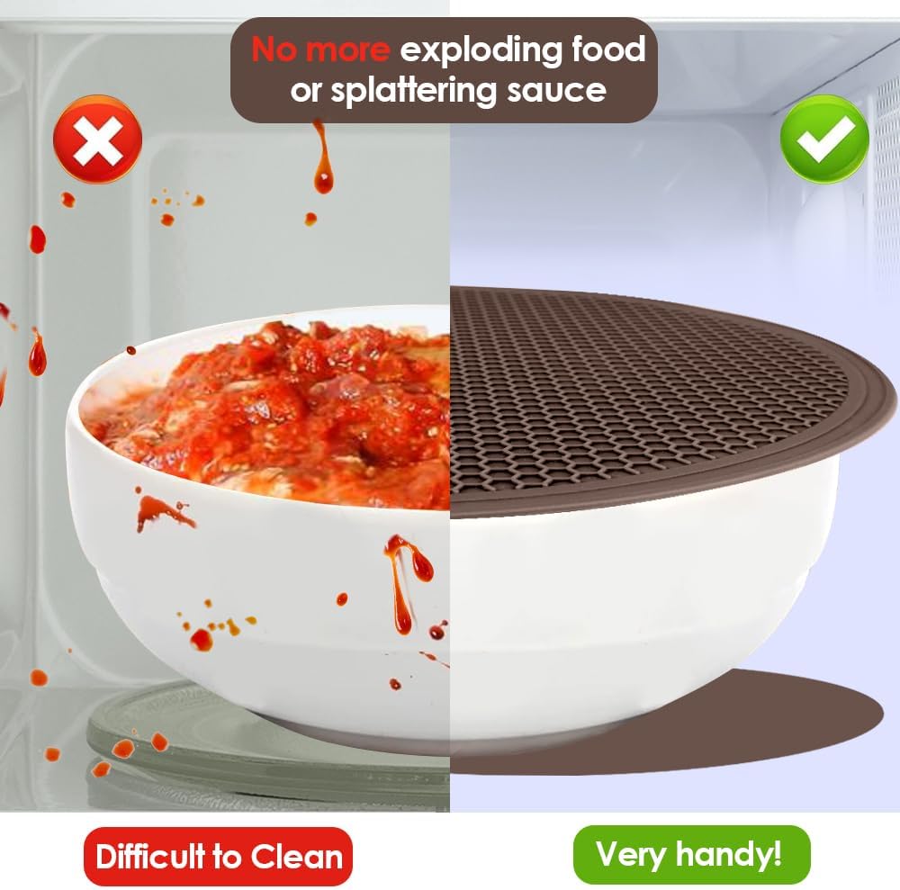 Brown Silicone Microwave Mat 12 inch Extra Large Multi-Use Microwave Mat Heat Resistant Silicone Trivet Mat Pot Holders Hot Pads for Kitchen, Silicone Cover Pad for Microwave Oven Hot Pot Pans, 2Pack