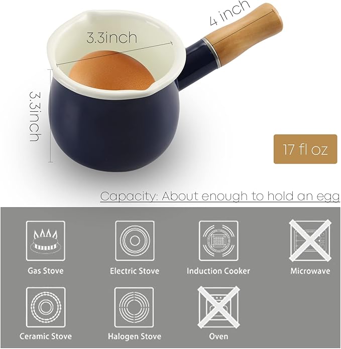 0.6qt Mini Enamel Milk Pot Insulated Wooden Handle 2 Pour Spouts Small Food Warmer Cute Saucepan(D015,Blue) …