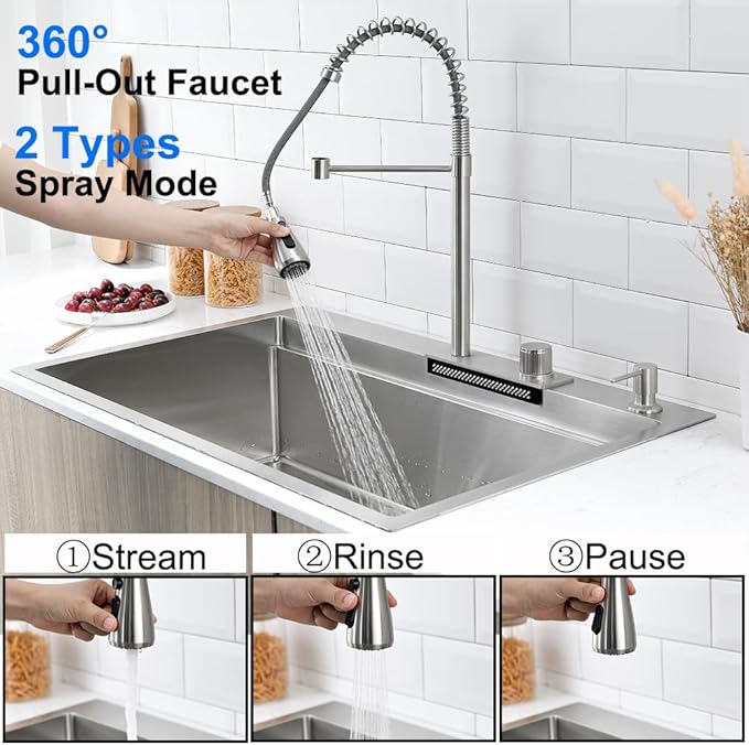 33 Inch Drop In Waterfall Kitchen Sink, 33x22 Drop in Kitchen Sink Waterfall Single Bowl Workstation 16 Gauge Stainless Steel Topmount Large Sinks with Faucet Combo