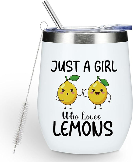 Funny Lemon Gifts, Cute Lemon Lovers Gift, Wine Tumbler Insulated Wine Glasses 12 oz Tumbler with Lid for Women Fruit Lover Girls Bestie Daughter Best Friend Sister Birthday Friendship Christmas