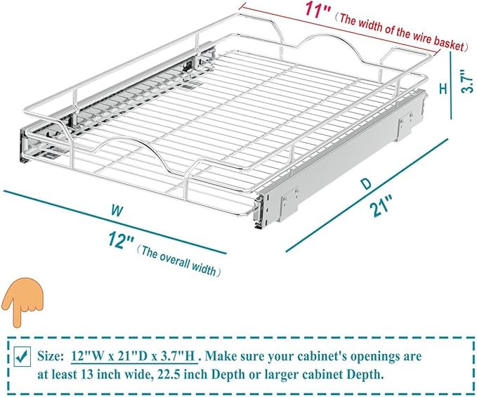 OCG Pull Out Cabinet Organizer (12" W x21 D), Pull out Shelves for Kitchen Cabinets, Slide Out Drawers for Base Cabinet Organization in Kitchen Bathroom Pantry, Bottom Mount, Chrome Finish