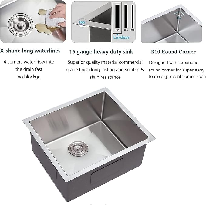 Lordear Undermount Kitchen Sinks 23 inch Small Undermount Bar Sink,16-Gauge Stainless Steel Single Bowl Bar Prep Kitchen Sink One Basin 23x18x10 Inch Handmade