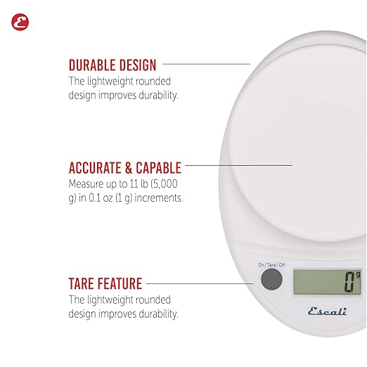 Escali Primo Digital Food Scale Multi-Functional Kitchen Scale and Baking Scale for Precise Weight Measuring and Portion Control, 8.5 x 6 x 1.5 inches, White