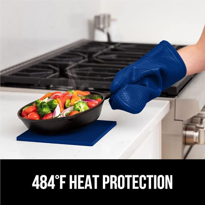 GORILLA GRIP BPA-Free Soft Silicone Oven Mitts and Pot Holders Sets of 4, Heat Resistant Waterproof Cooking Gloves, Thick Cotton Lining, Flexible Gripping for Baking Grilling, Kitchen Trivets, Blue