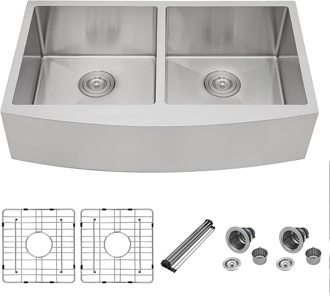 Mocoloo Stainless Farmhouse Kitchen Sink - 33x20 Inch Undermount Double Bowl Kitchen Sinks 16 Gauge Stainless Steel 50/50 Apron Farm Kitchen Sinks, 10 Inch Basin