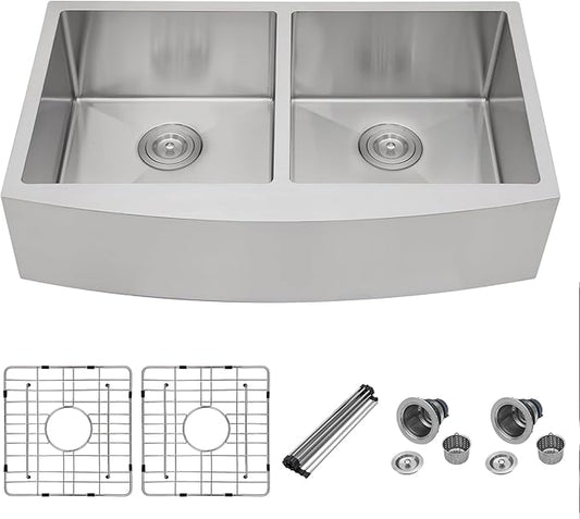 Mocoloo Stainless Farmhouse Kitchen Sink - 33x20 Inch Undermount Double Bowl Kitchen Sinks 16 Gauge Stainless Steel 50/50 Apron Farm Kitchen Sinks, 10 Inch Basin