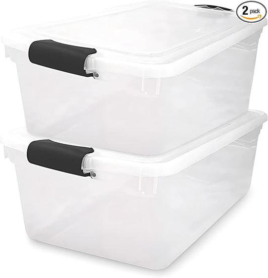 HOMZ 2-Pack Secure Latch, Clear Plastic Storage Organizer Bins, 64 Quart, Gray Latches - Stackable Container Boxes for Bedroom, Bathroom, Garage, and Office Organization
