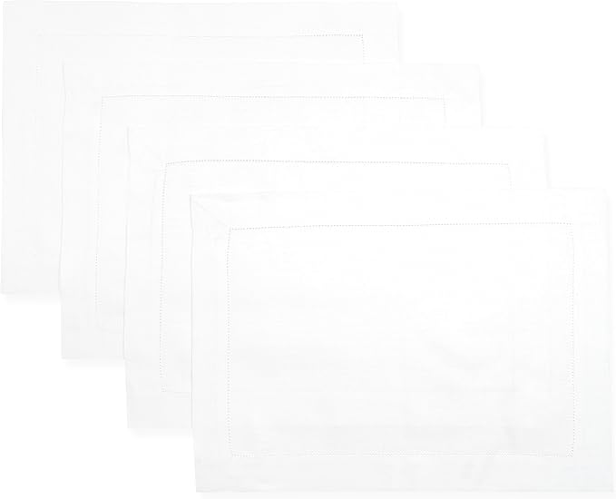 D'Moksha Homes White Linen Placemats Set of 4 - Classic Hemstitch Placemats 14 x 19 Inch - 100% Pure Linen Table Mats for Fall, Thanksgiving, Christmas, Holiday - Handcrafted and Machine Washable
