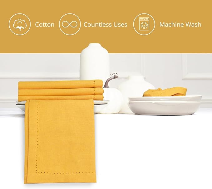 PurpleEssences Set of 12 Hemstitch Cloth Dinner Napkins 100% Cotton - Soft Durable Washable - Ideal for Wedding Christmas Holiday Winter - Perfect Everyday Use Table Linen 18x18 - Golden Yellow