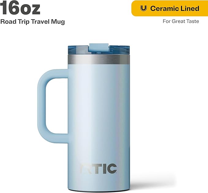 RTIC 16oz Road Trip Travel Mug with Lid and Handle, Ceramic Lined, Insulated, Stainless Steel, Metal, Double Wall Vacuum-Insulation, Portable Coffee, Tea Cup for Hot and Cold Drink, RTIC Ice Glitter
