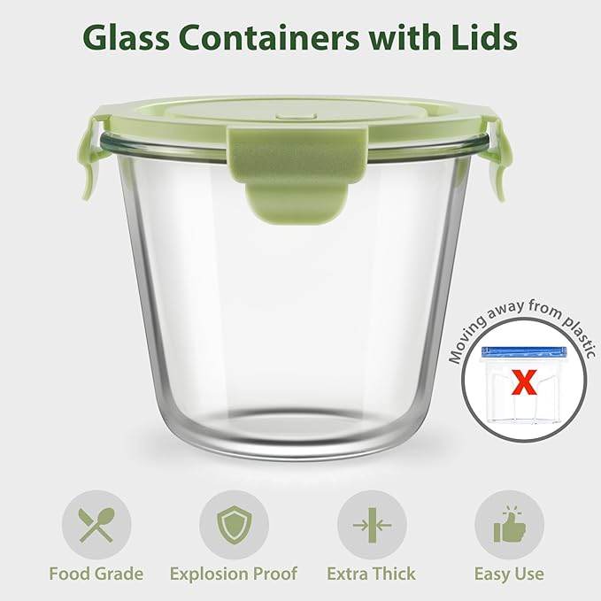 23oz Glass Meal Prep Containers with Lids, Airtight 3-Cup Glass Storage Containers Set, Heat-Resistant BPA-Free for Soup, Leftover, Microwave, Dishwasher, Fridge and Freezer Safe (4 Packs)