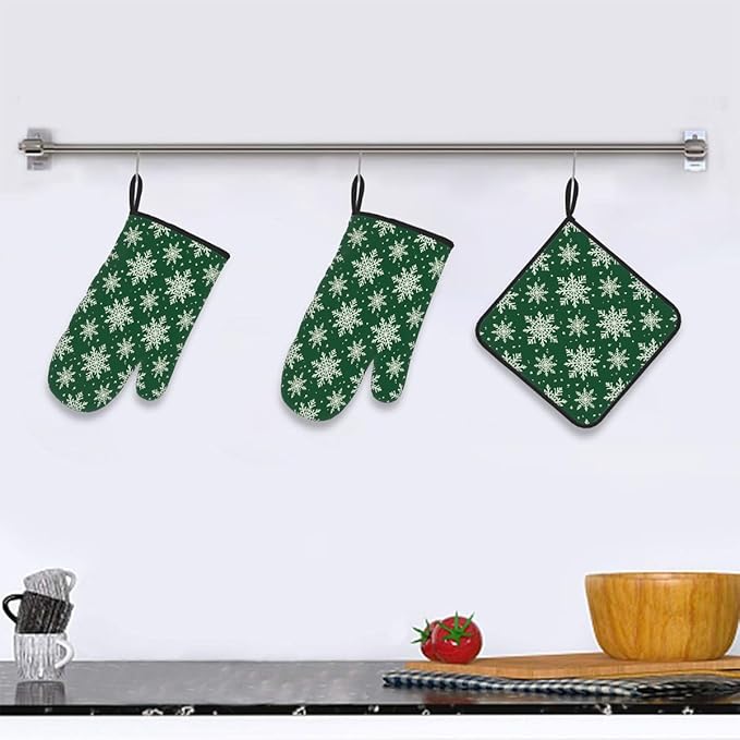 Oven Mitts Pot Holders Set 3 for Kitchen, Snowflake Insulation Oven Gloves Heat Resistant Pot Pads Cook Essentials Accessories for BBQ Baking Cooking Kitchen Decor Gifts for Women