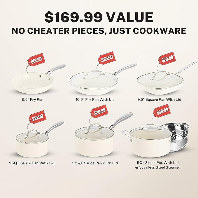 Gotham Steel 12 Pc Ceramic Cookware Set Nonstick, Ceramic Pots and Pans Set Non Stick with Steamer for Cooking, Non Toxic PFOA PFOS Free, Premium Stay Cool Handles, Oven & Dishwasher Safe