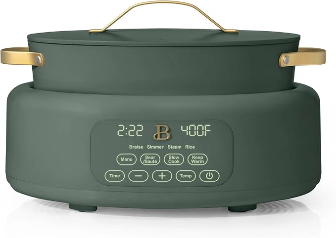 Beautiful 10-in-1 Electric Multi-Cooker by Drew Barrymore, 6-quart, digital display, 10 cooking functions, non-stick pot, easy one-touch control (Thyme Green)