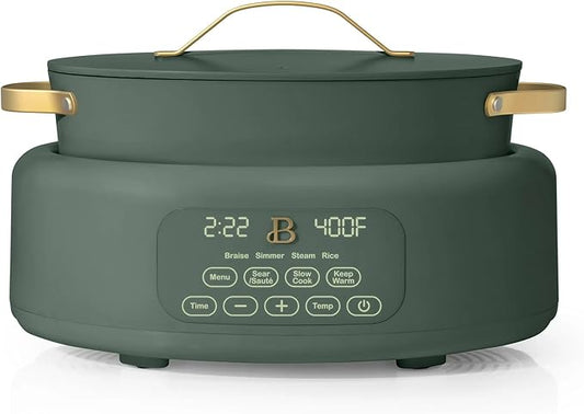Beautiful 10-in-1 Electric Multi-Cooker by Drew Barrymore, 6-quart, digital display, 10 cooking functions, non-stick pot, easy one-touch control (Thyme Green)