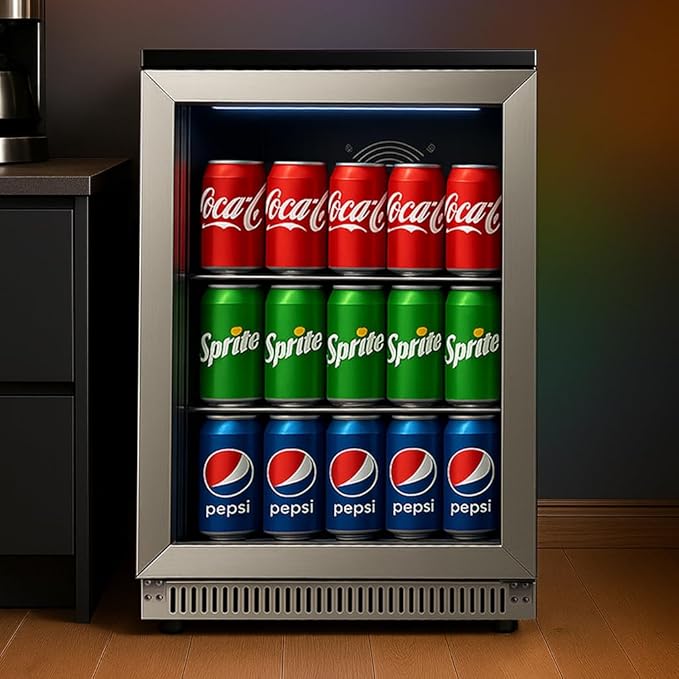 20 Inch Built-in Beverage Refrigerator with 7-Color LED Light, Compact 120 Can Under Counter or Freestanding Stainless Steel Drink Cooler Fridge with Glass Door for Soda & Beer