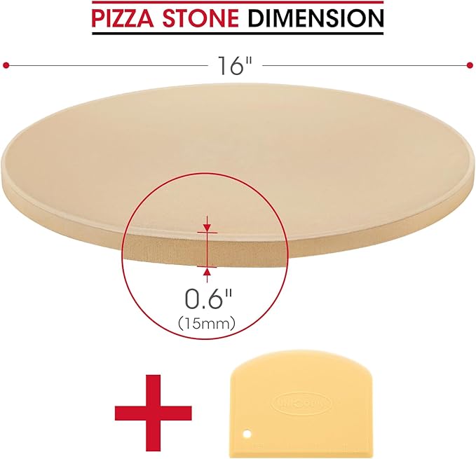Unicook 16 Inch Round Pizza Stone, Heavy Duty Cordierite Bread Baking Stone for Oven and Grill, Thermal Shock Resistant, Ideal for Baking Crisp Crust Pizza, Bread and More, Includes Scraper