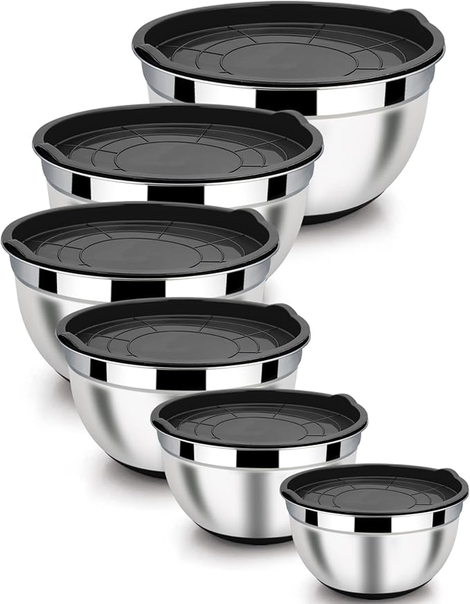 LIANYU Stainless Steel Nesting Mixing Bowls Set of 6, Size 7, 3.5, 2.5, 2, 1.5, 1QT, Large Metal Bowls with Airtight Lids, Ideal for Baking Cooking Food Storage, Non-slip Bottom, Black