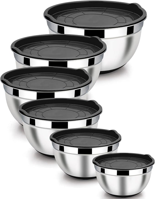 LIANYU Stainless Steel Nesting Mixing Bowls Set of 6, Size 7, 3.5, 2.5, 2, 1.5, 1QT, Large Metal Bowls with Airtight Lids, Ideal for Baking Cooking Food Storage, Non-slip Bottom, Black