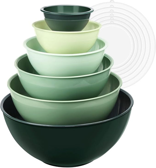 6-Piece Plastic Mixing Bowl Set with Lids for Kitchen, Nesting Storage Bowls for Baking, Prepping,Cooking and Serving Food, Dishwasher, Microwave Safe,Great for Mixing & Serving (6 Set-Green)