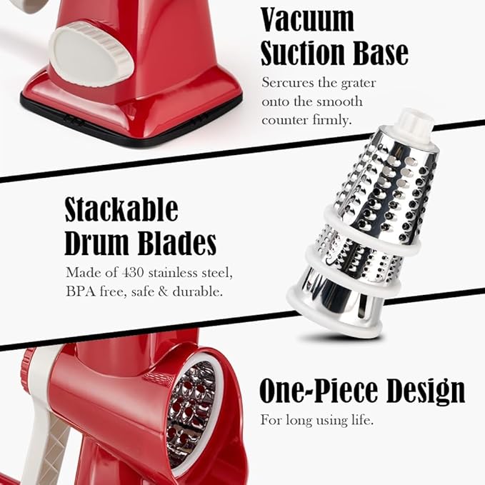 Cheese Grater Hand Crank Rotating Cheese Shredder Stainless Steel Vegetable Slicer Grater for Kitchen 3 Blades for Cheese, Carrot, Cucumber, Nuts, Chocolate, Red