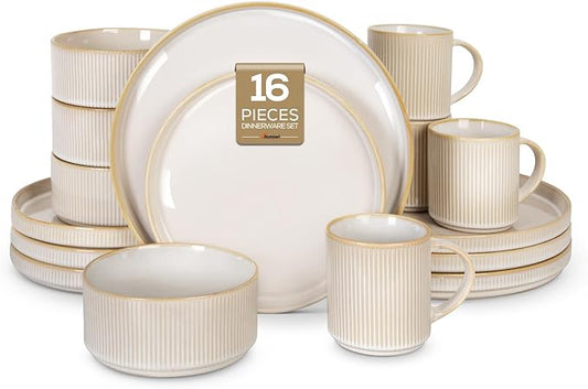 Romswi Dinnerware Set for 4, 16Pcs Stoneware Plates and Bowls Sets with Mugs, Chip & Scratch Resistant Dish Set, Handmade Reactive Glaze Plate Set, Oven,Microwave and Dishwasher Safe, Cappuccino White