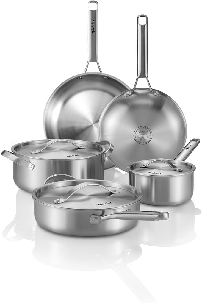 Stainless Steel Cookware Set, 8 Pcs Tir-Ply Pots and Pans Set, PFOA&PTFE Free, Dishwasher&Oven Safe, Kitchen Induction Compatible, ollas de acero inoxidable para cocinar