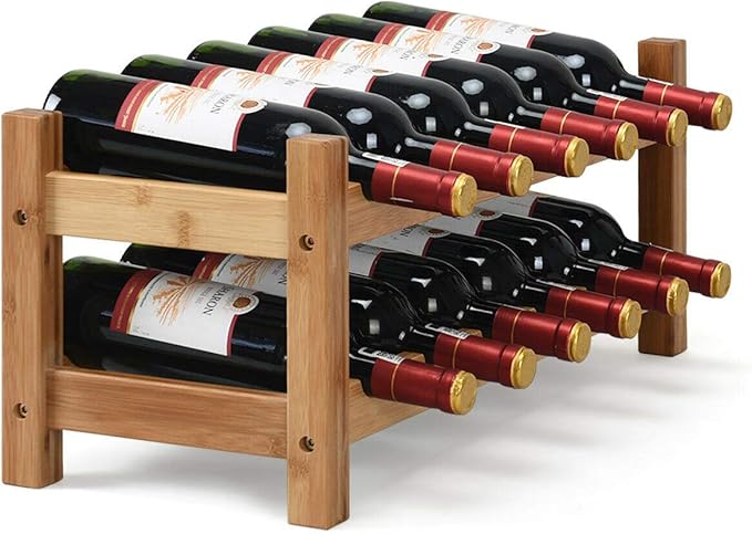 COSTWAY Wine Rack, Bamboo 12 Bottles 2-Tier Wine Display Rack for Countertop Home Kitchen Pantry, Free Standing Wine Storage, Rack Tabletop Wine Rack (Nature)