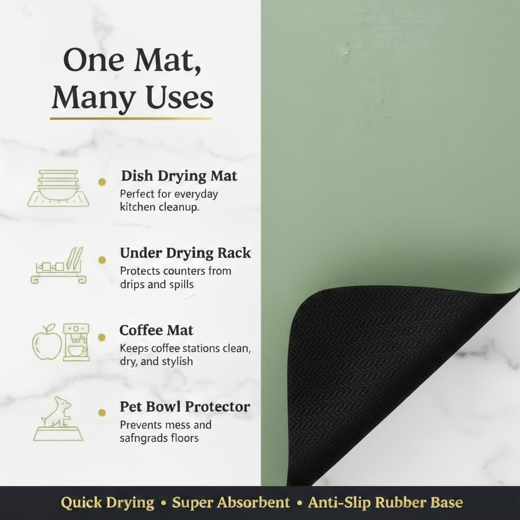 Dish Drying Mat Super Absorbent – 24" x 16" Coffee Mat for Countertops – Non-Slip Drying Mat for Kitchen Counter – Easy to Clean Water Absorbent Mat – Large Dish Drying Mats (Sage)