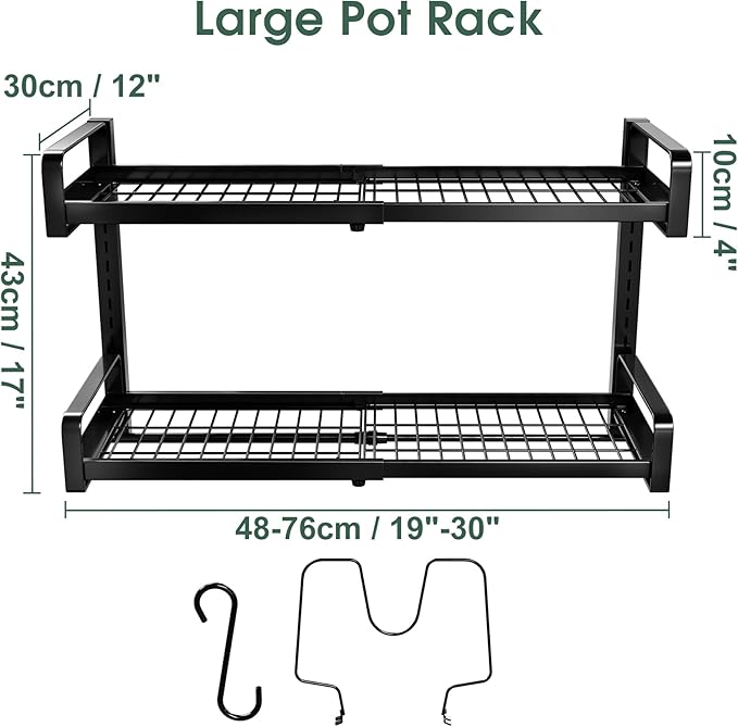 19"- 30" Expandable Hanging Pot Rack, 2 Tier Heavy Duty Wall Mounted Pots and Pans Organizer with 10 Hooks and 5 Pot Lid Holders, Pot Hanger Shelf for Kitchen Cookware Utensils Organizers and Storage
