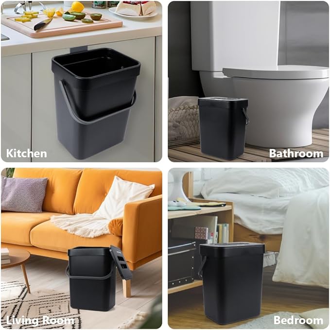 Hanging Small Trash Can with Lid Under Sink for Kitchen, 5 L/ 1.3 Gallons Plastic Waste Basket,Food Waste Bin,Kitchen Compost Bin for Counter Top,Bathroom/Office (Black)